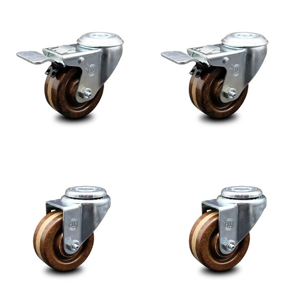 3 Inch High Temp Phenolic Swivel Bolt Hole Caster Set with 2 Total Lock Brake
